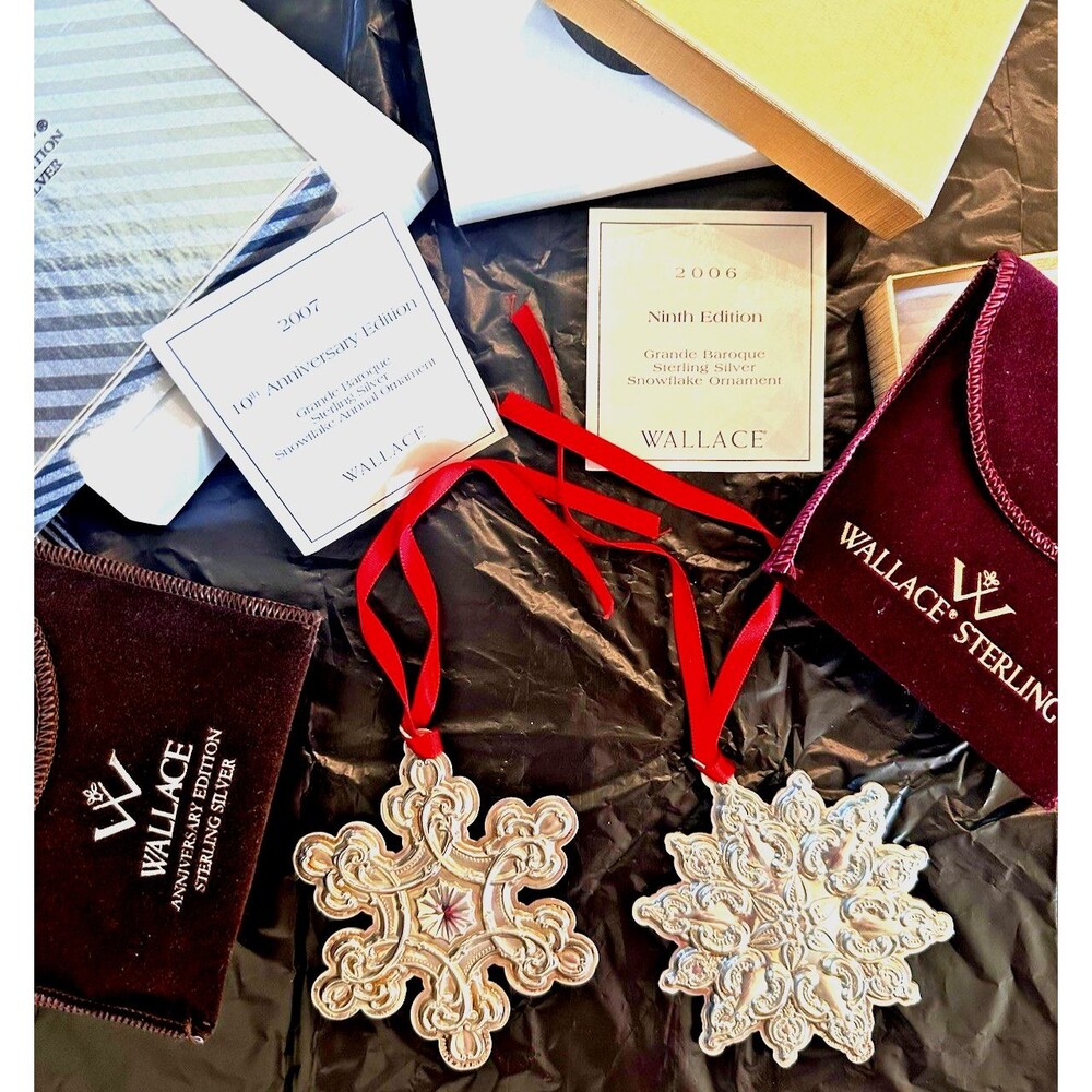 2 Wallace Silver Baroque Snowflake Sterling Anniversary Ed. 2006, 2007 Snowflake